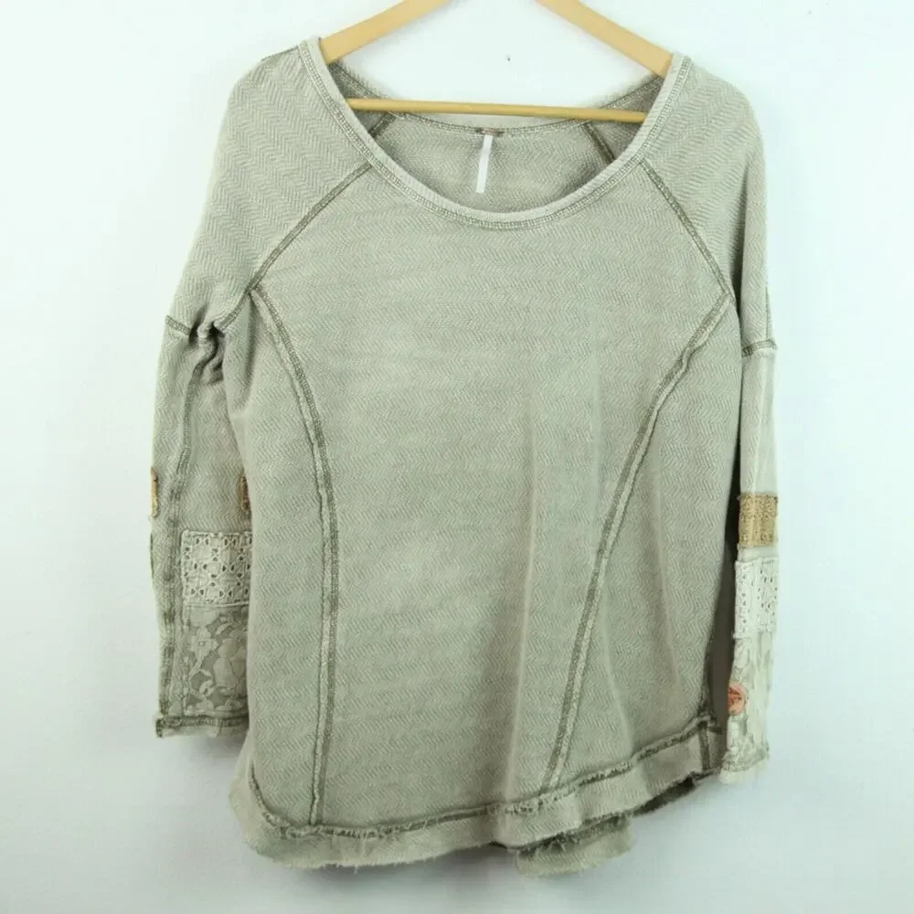 Free People Thermal Top Small Scoop Neck Embellished Sleeve Lace Grunge Y2K